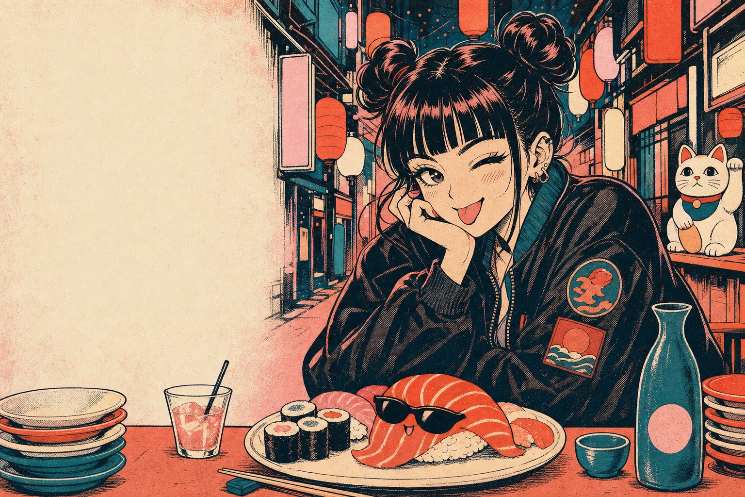 A winking woman resting her chin on her hand at a sushi counter in a lantern-lit Tokyo alley, a salmon nigiri wearing sunglasses on the plate in front of her.